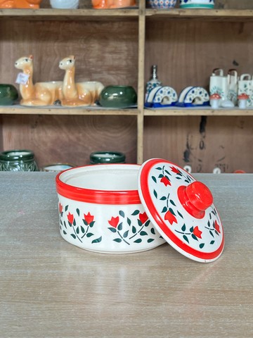 Floral Jar (with Lid) (लाल फूलदार ढक्कन जार) — decor for sale at Janki Vatika plant nursery, Talawali Chanda, Indore — Ceramic Homeware